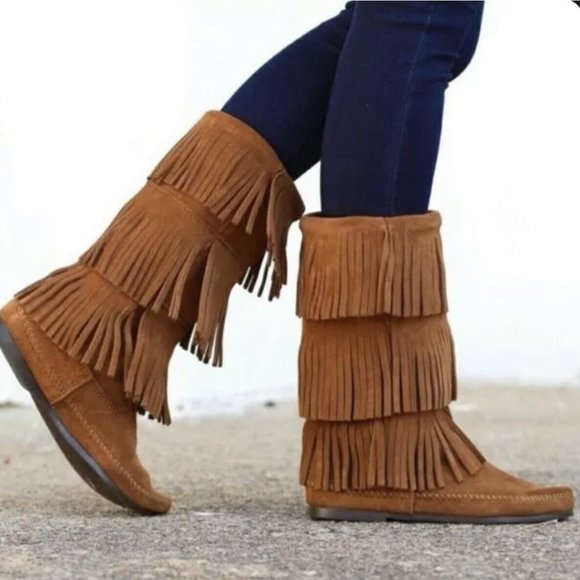 Minnetonka Shoes - Minnetonka Womens Brown Suede 3 Layer Triple Fringe Moccasins Boots 1632 8 $99